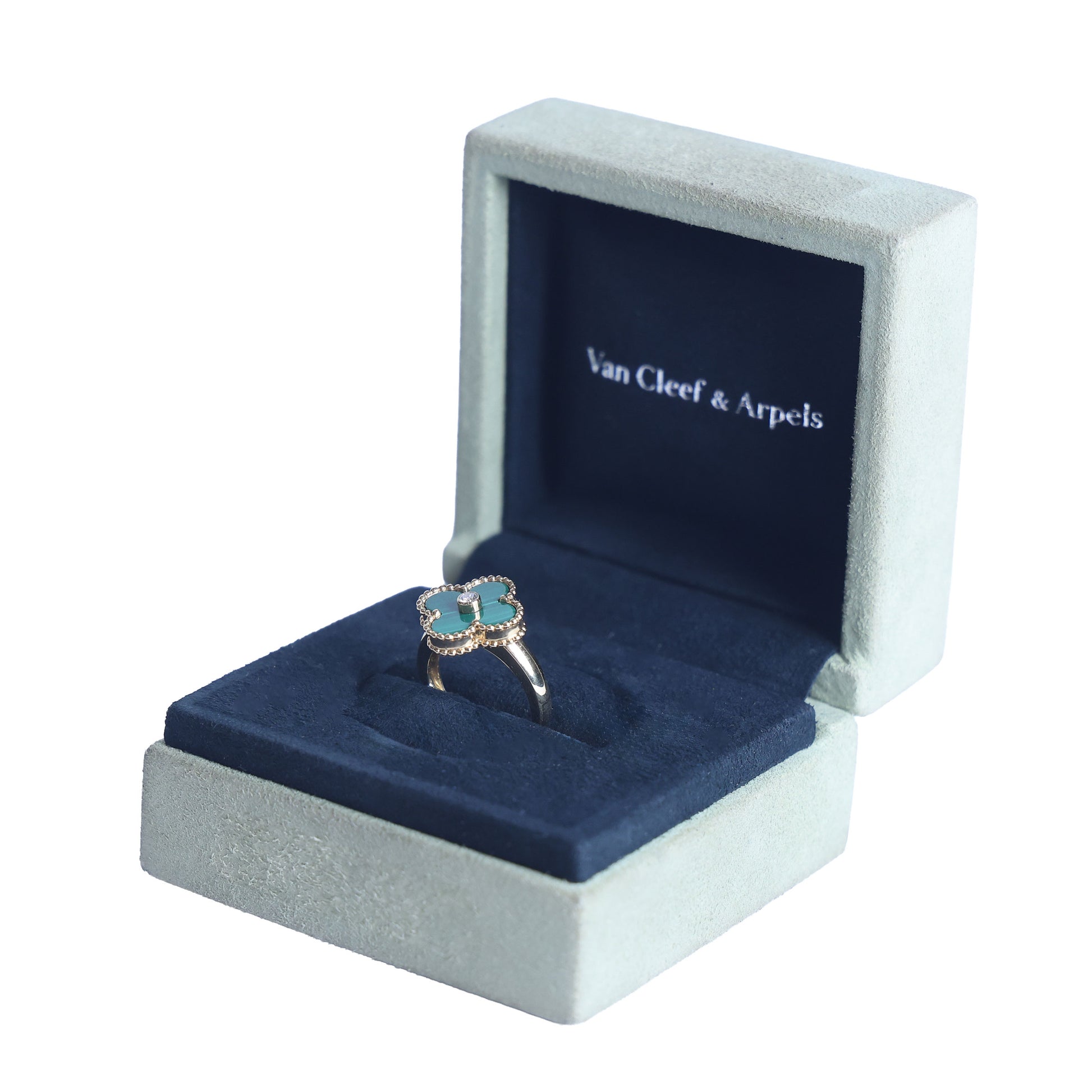 Preowned VAN CLEEF & ARPELS Vintage Alhambra 18K Yellow Gold Diamond Malachite Ring 5.8g | Luxe Again Maison