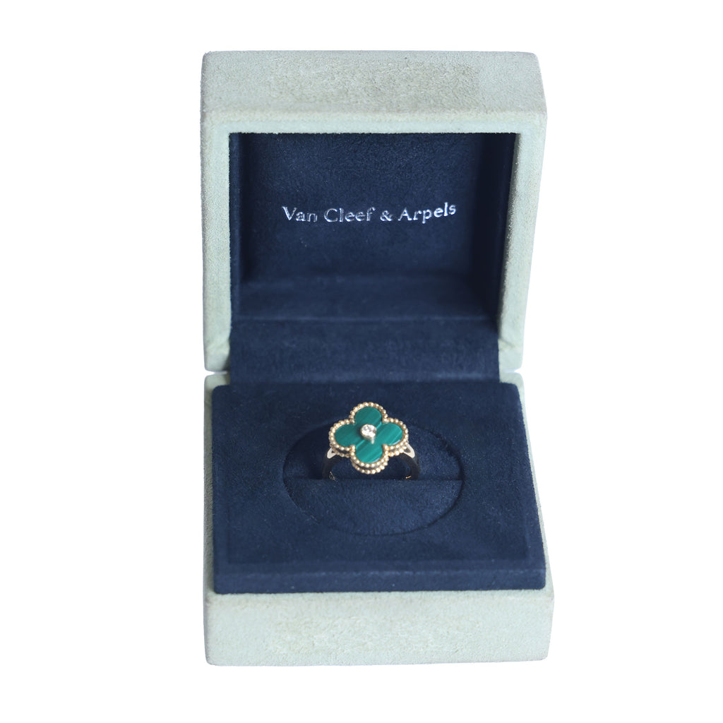 Preowned VAN CLEEF & ARPELS Vintage Alhambra 18K Yellow Gold Diamond Malachite Ring 5.8g | Luxe Again Maison