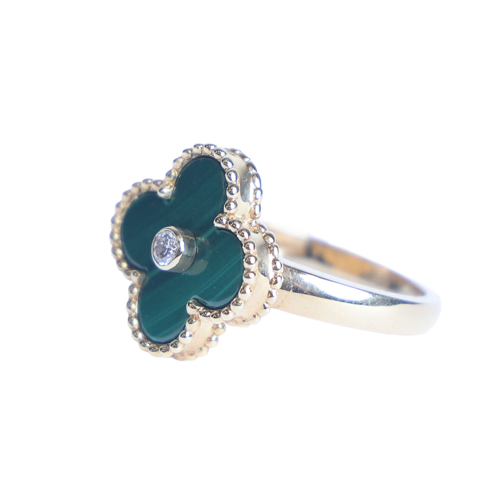 Preowned VAN CLEEF & ARPELS Vintage Alhambra 18K Yellow Gold Diamond Malachite Ring 5.8g | Luxe Again Maison