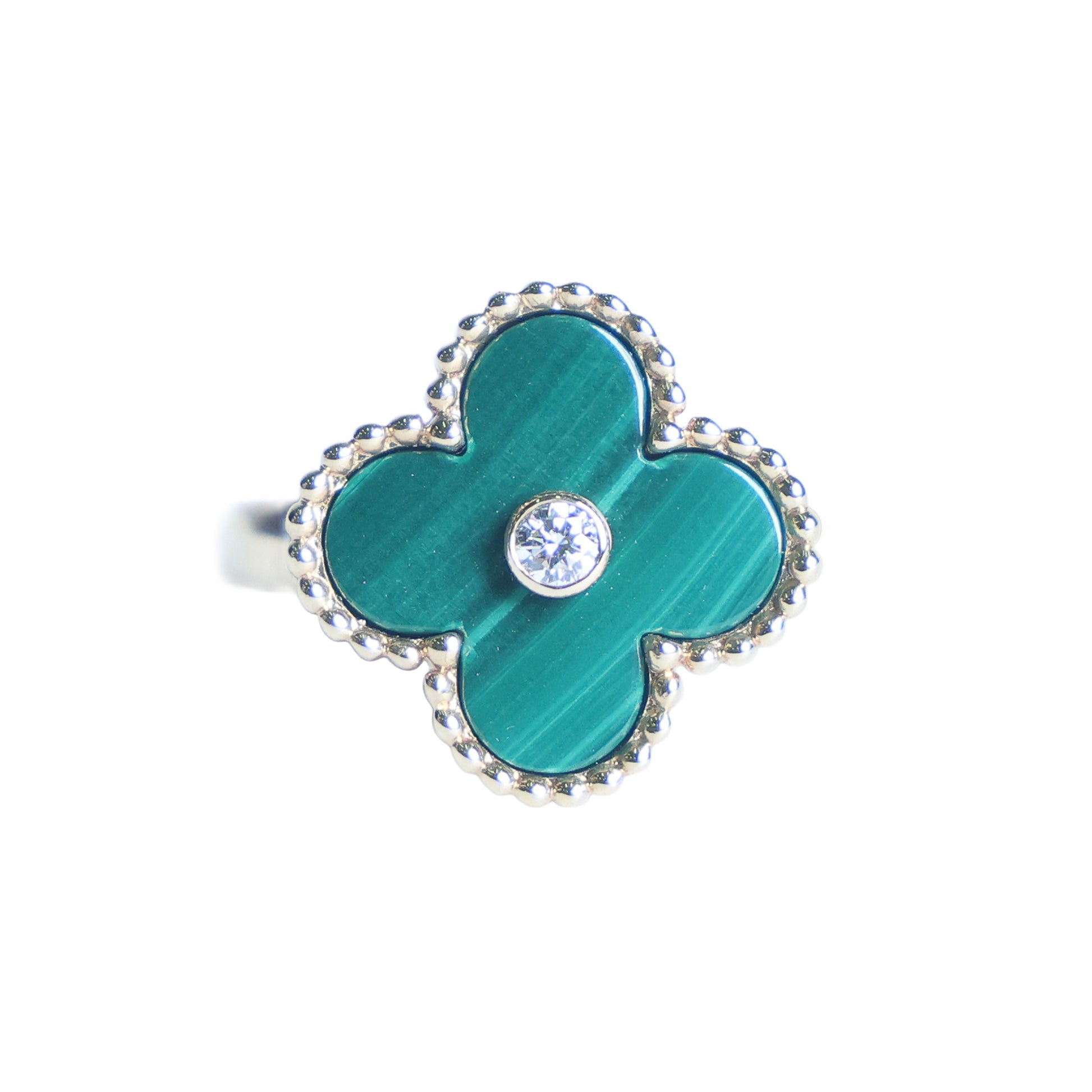 Preowned VAN CLEEF & ARPELS Vintage Alhambra 18K Yellow Gold Diamond Malachite Ring 5.8g | Luxe Again Maison