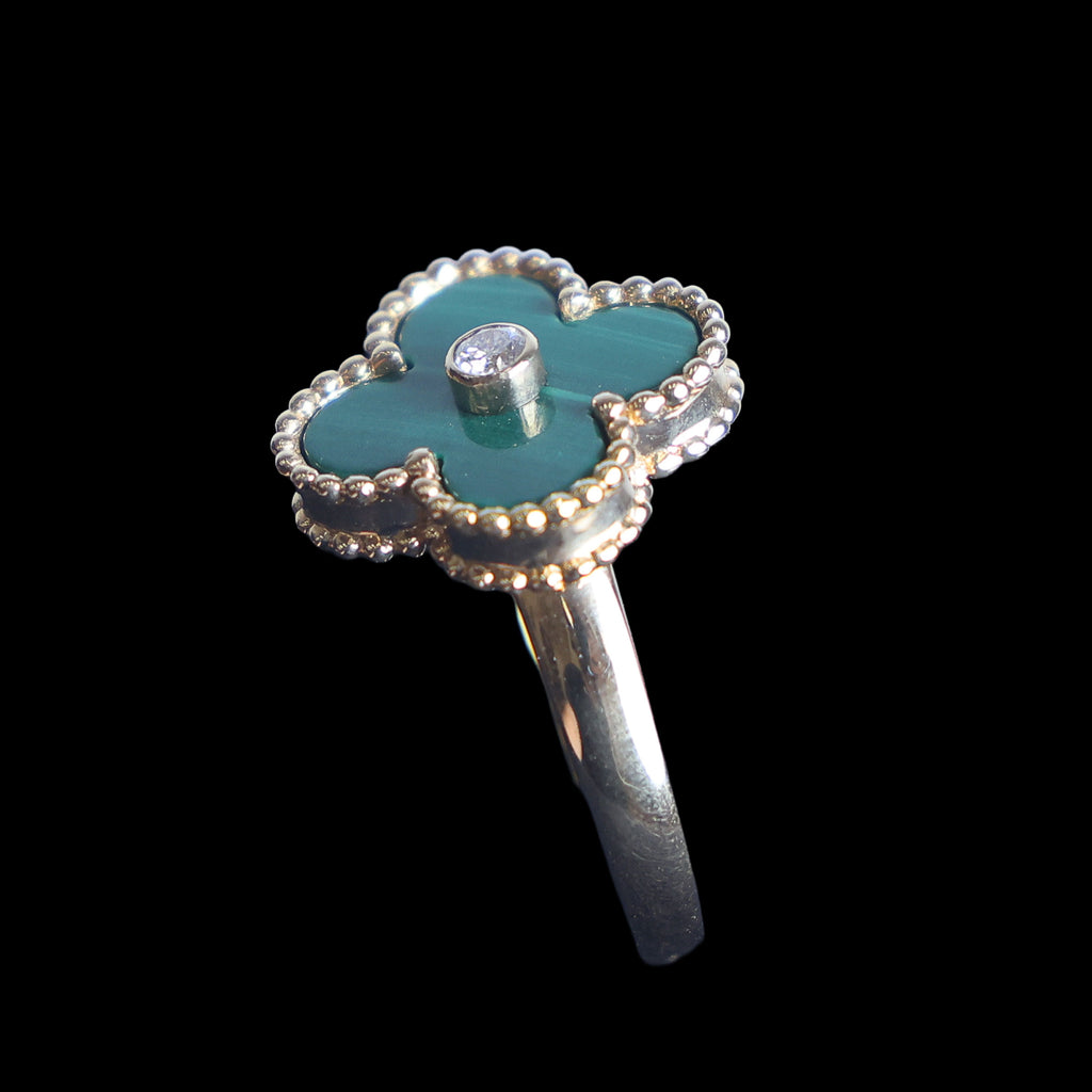 Preowned VAN CLEEF & ARPELS Vintage Alhambra 18K Yellow Gold Diamond Malachite Ring 5.8g | Luxe Again Maison