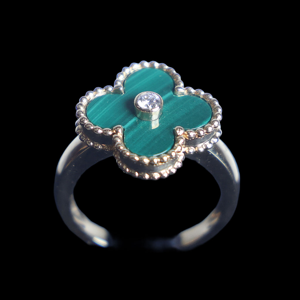 Preowned VAN CLEEF & ARPELS Vintage Alhambra 18K Yellow Gold Diamond Malachite Ring 5.8g | Luxe Again Maison