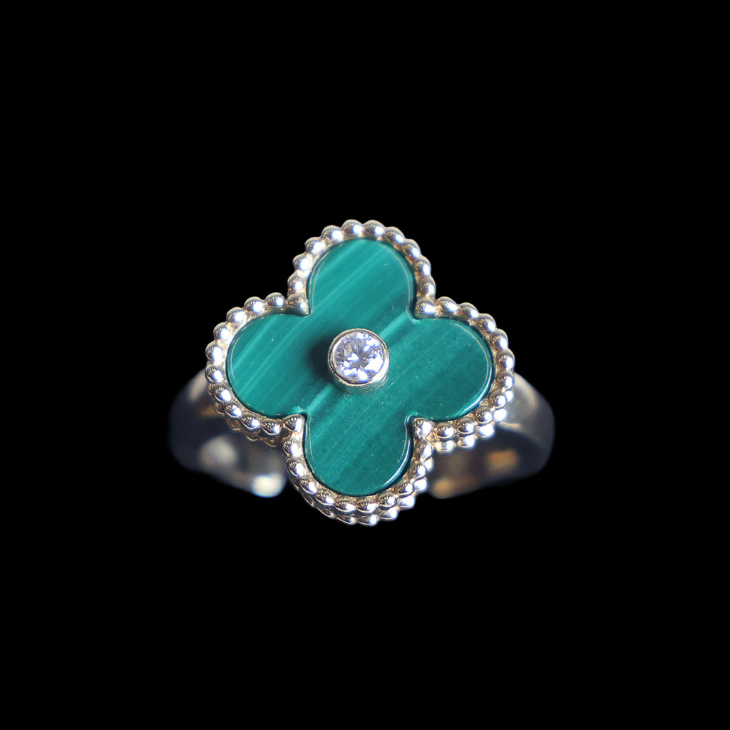 Preowned VAN CLEEF & ARPELS Vintage Alhambra 18K Yellow Gold Diamond Malachite Ring 5.8g | Luxe Again Maison