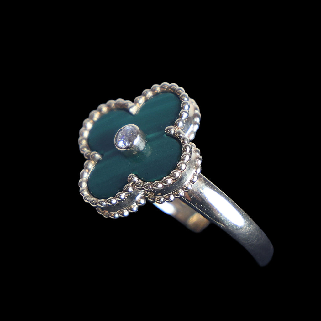 Preowned VAN CLEEF & ARPELS Vintage Alhambra 18K Yellow Gold Diamond Malachite Ring 5.8g | Luxe Again Maison