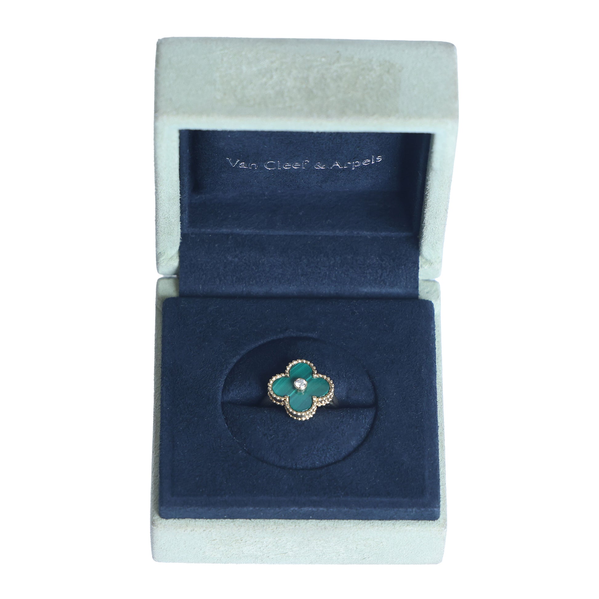 Preowned VAN CLEEF & ARPELS Vintage Alhambra 18K Yellow Gold Diamond Malachite Ring 5.8g | Luxe Again Maison