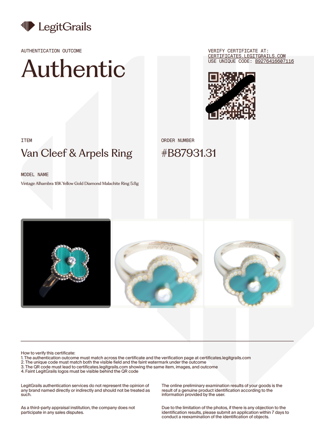 Preowned VAN CLEEF & ARPELS Vintage Alhambra 18K Yellow Gold Diamond Malachite Ring 5.8g | Luxe Again Maison