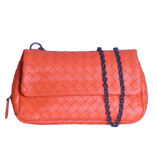 BOTTEGA VENETA Intrecciato Nappa Leather Small Chain Cross Body Bag Orange