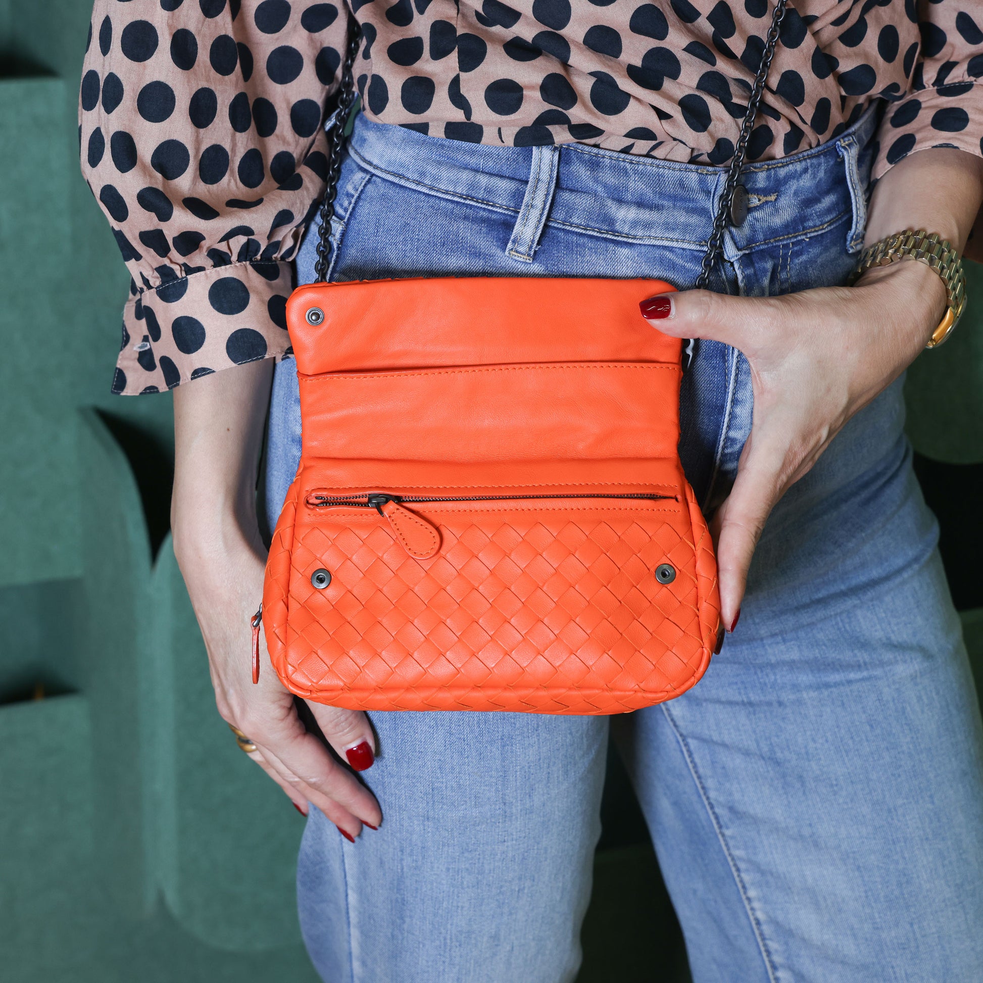 BOTTEGA VENETA Intrecciato Nappa Leather Small Chain Cross Body Bag Orange