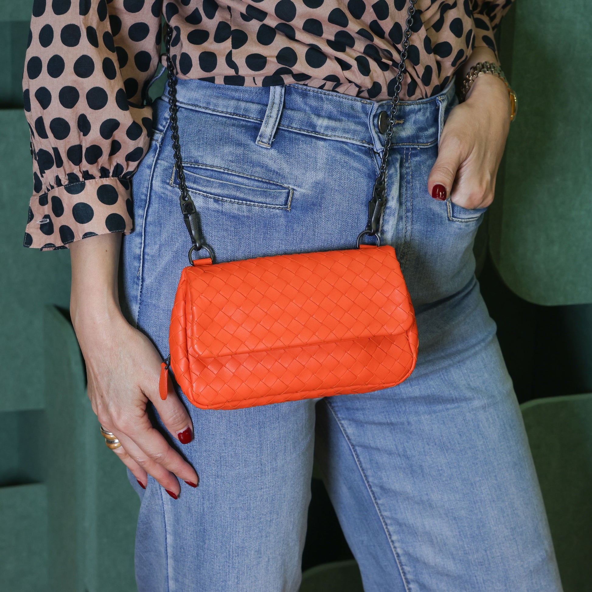 BOTTEGA VENETA Intrecciato Nappa Leather Small Chain Cross Body Bag Orange