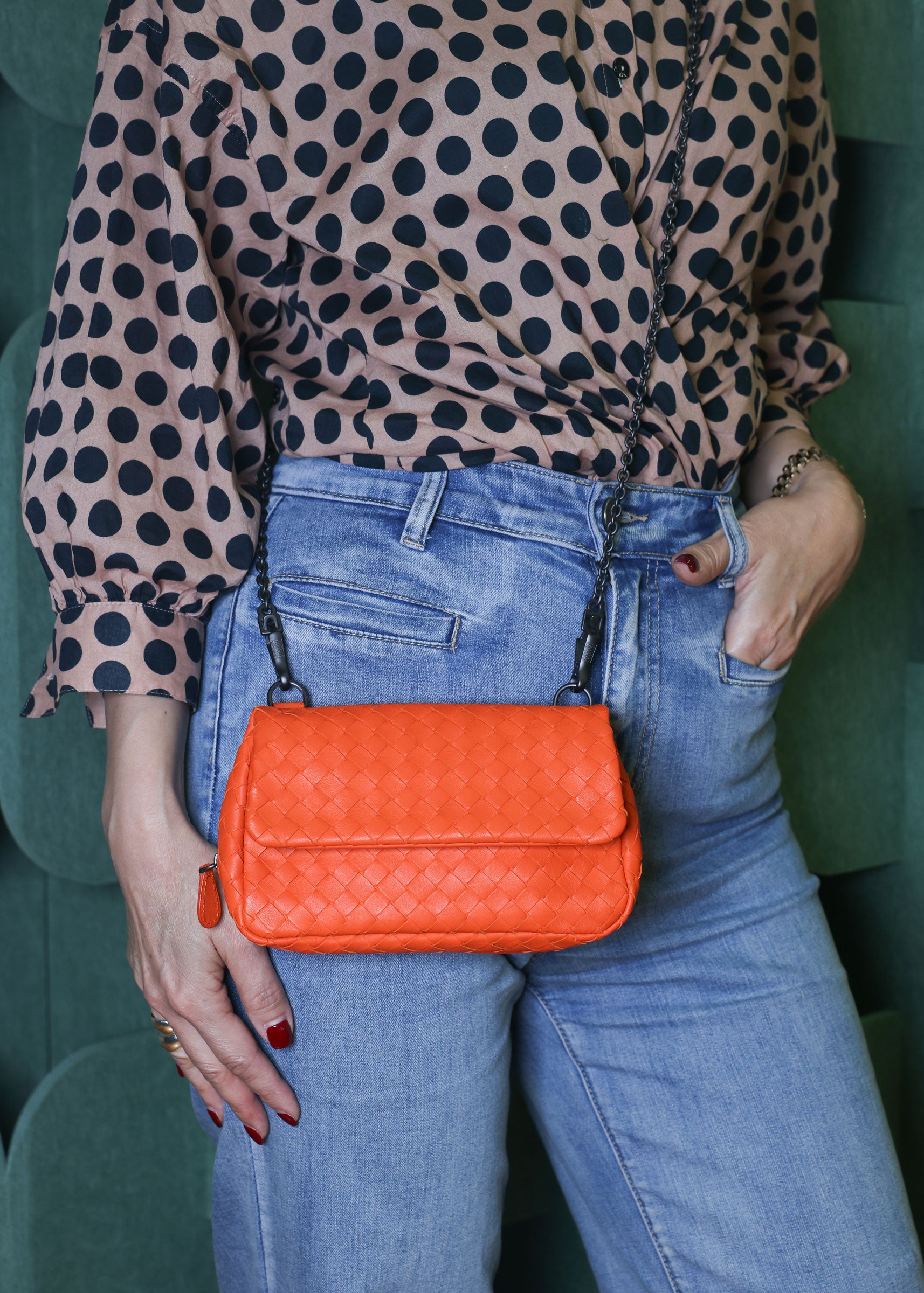 BOTTEGA VENETA Intrecciato Nappa Leather Small Chain Cross Body Bag Orange