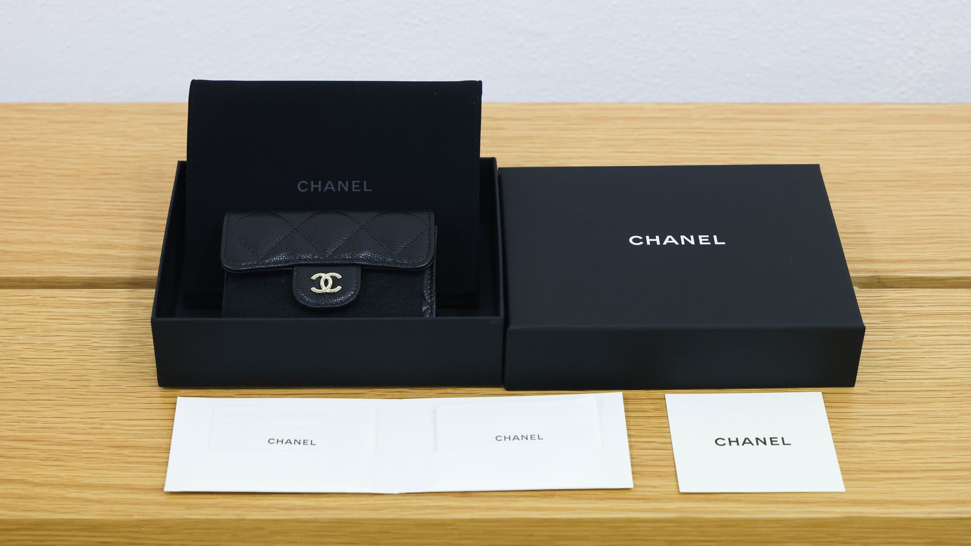Pre-owned Chanel Black Quilted Caviar Classic CC Card Holder on Chain | Luxe Again Maison