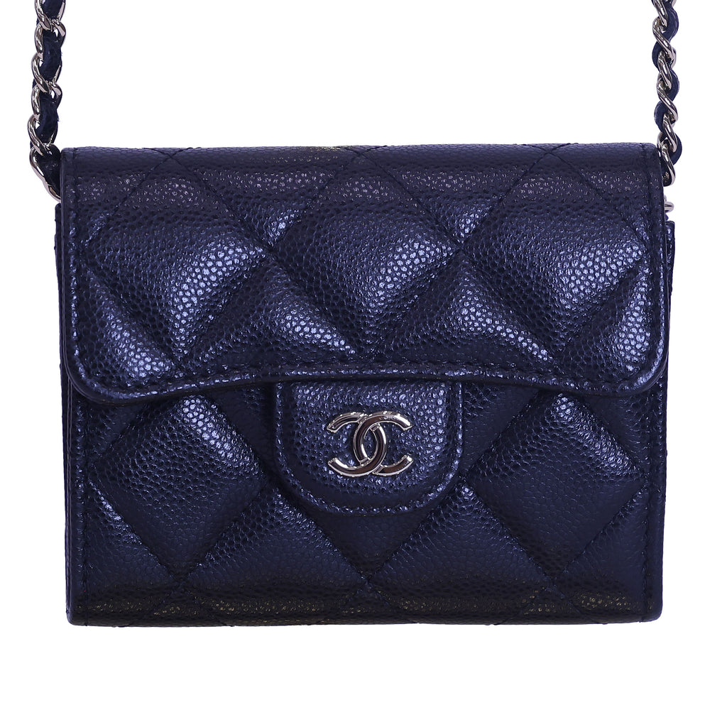 Pre-owned Chanel Black Quilted Caviar Classic CC Card Holder on Chain | Luxe Again Maison