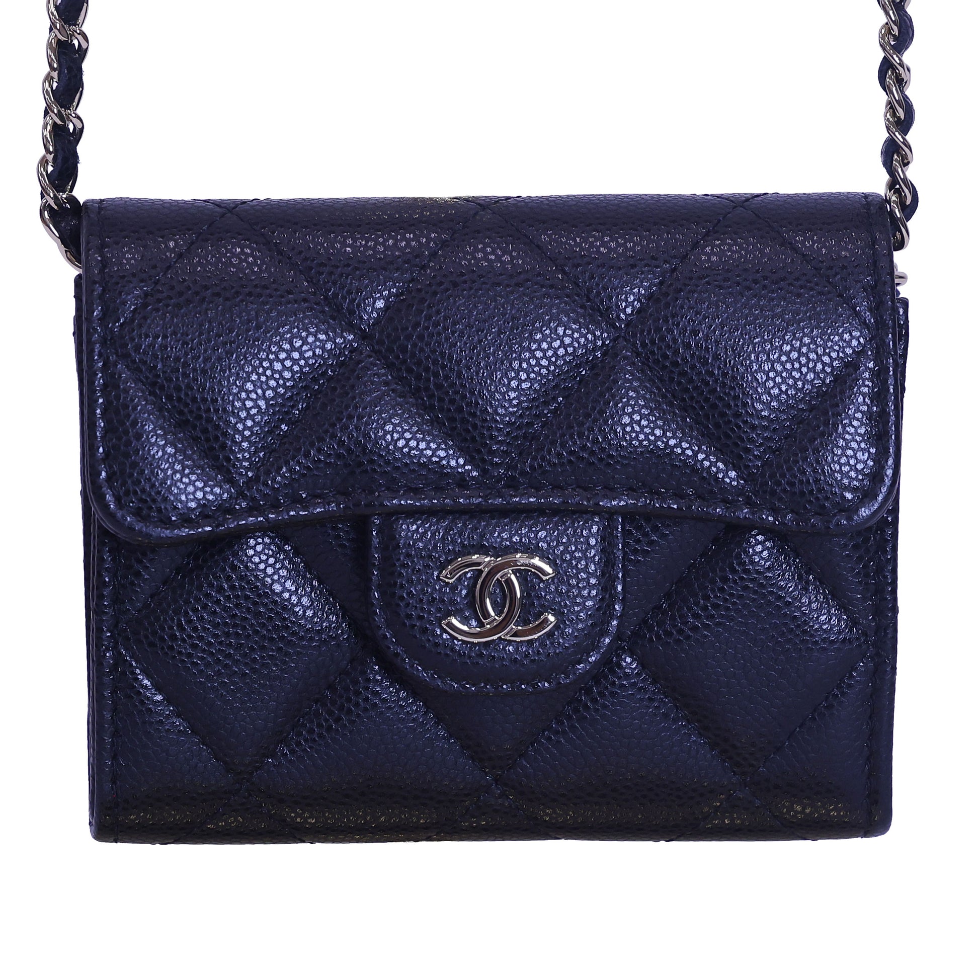 Pre-owned Chanel Black Quilted Caviar Classic CC Card Holder on Chain | Luxe Again Maison