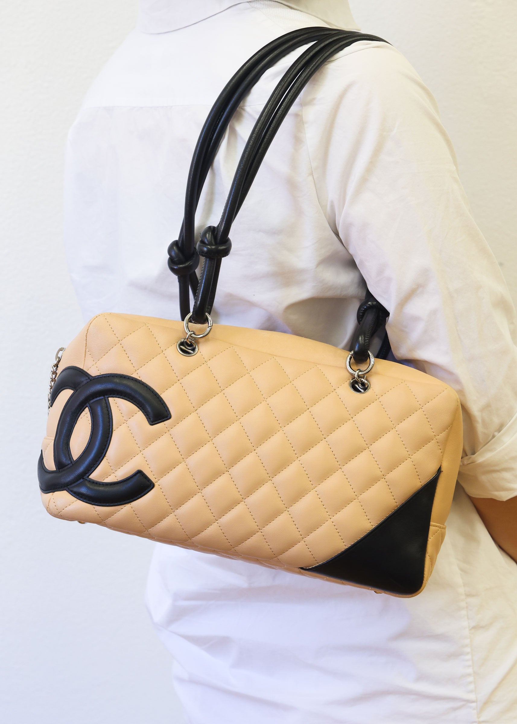 Preloved CHANEL Cambon Ligne Bowler Bag Beige & Black | Luxe Again Maison