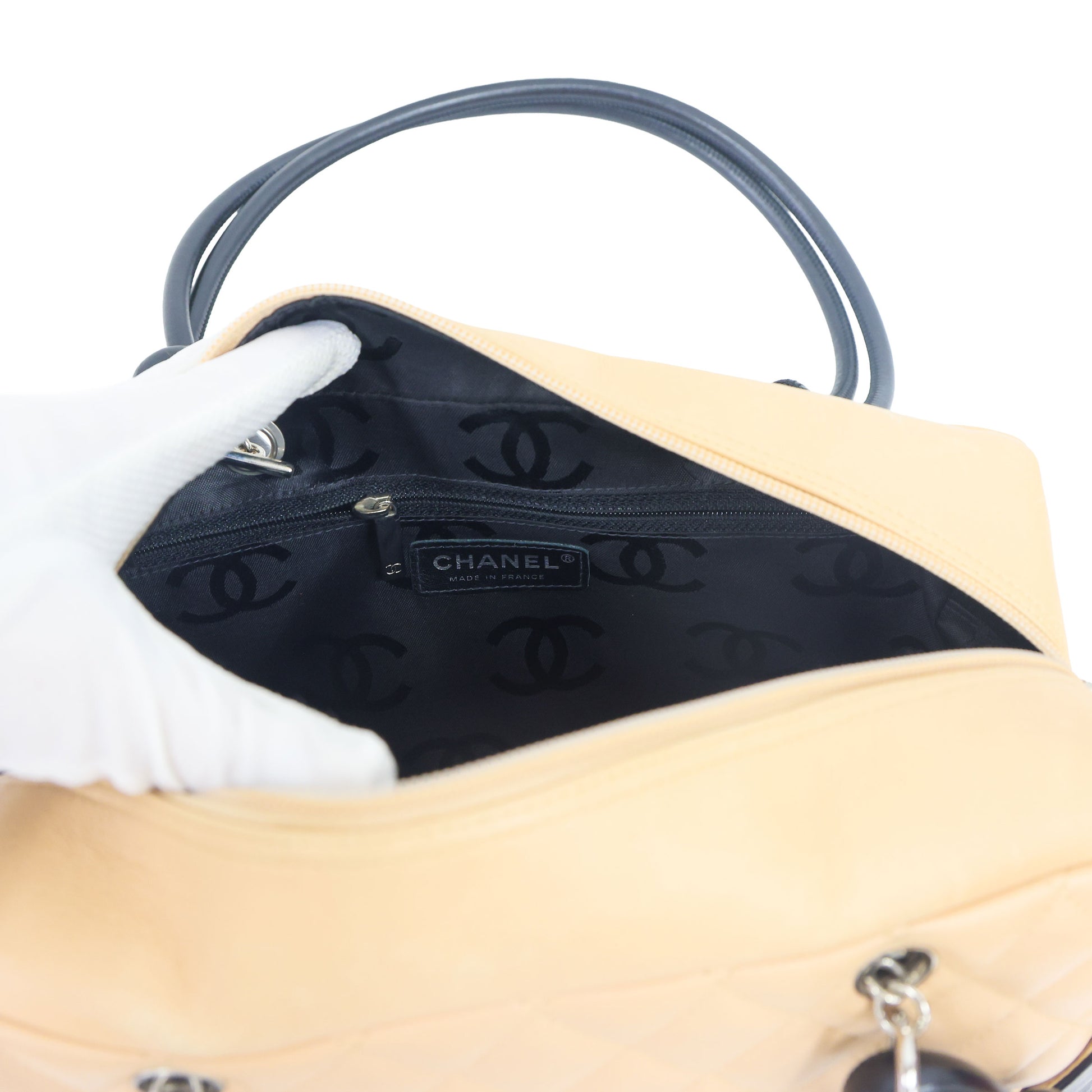Preloved CHANEL Cambon Ligne Bowler Bag Beige & Black | Luxe Again Maison