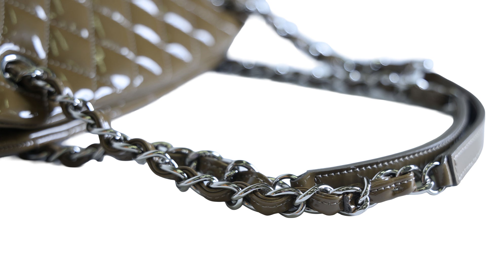 Preloved CHANEL Mademoiselle Patent Leather Chain Tote Khaki Brown 15XXXXXX | Luxe Again Maison