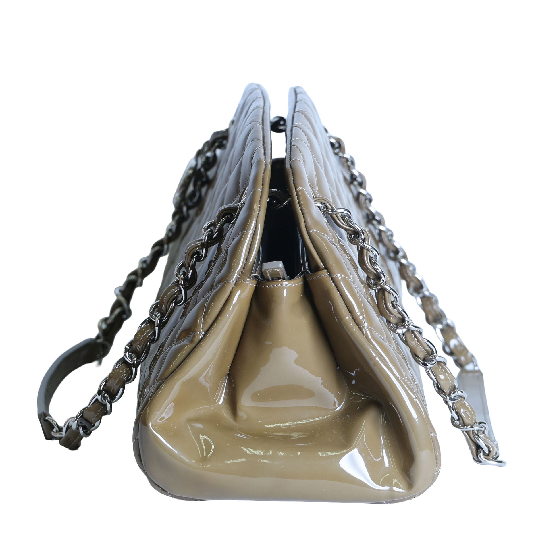 Preloved CHANEL Mademoiselle Patent Leather Chain Tote Khaki Brown 15XXXXXX | Luxe Again Maison