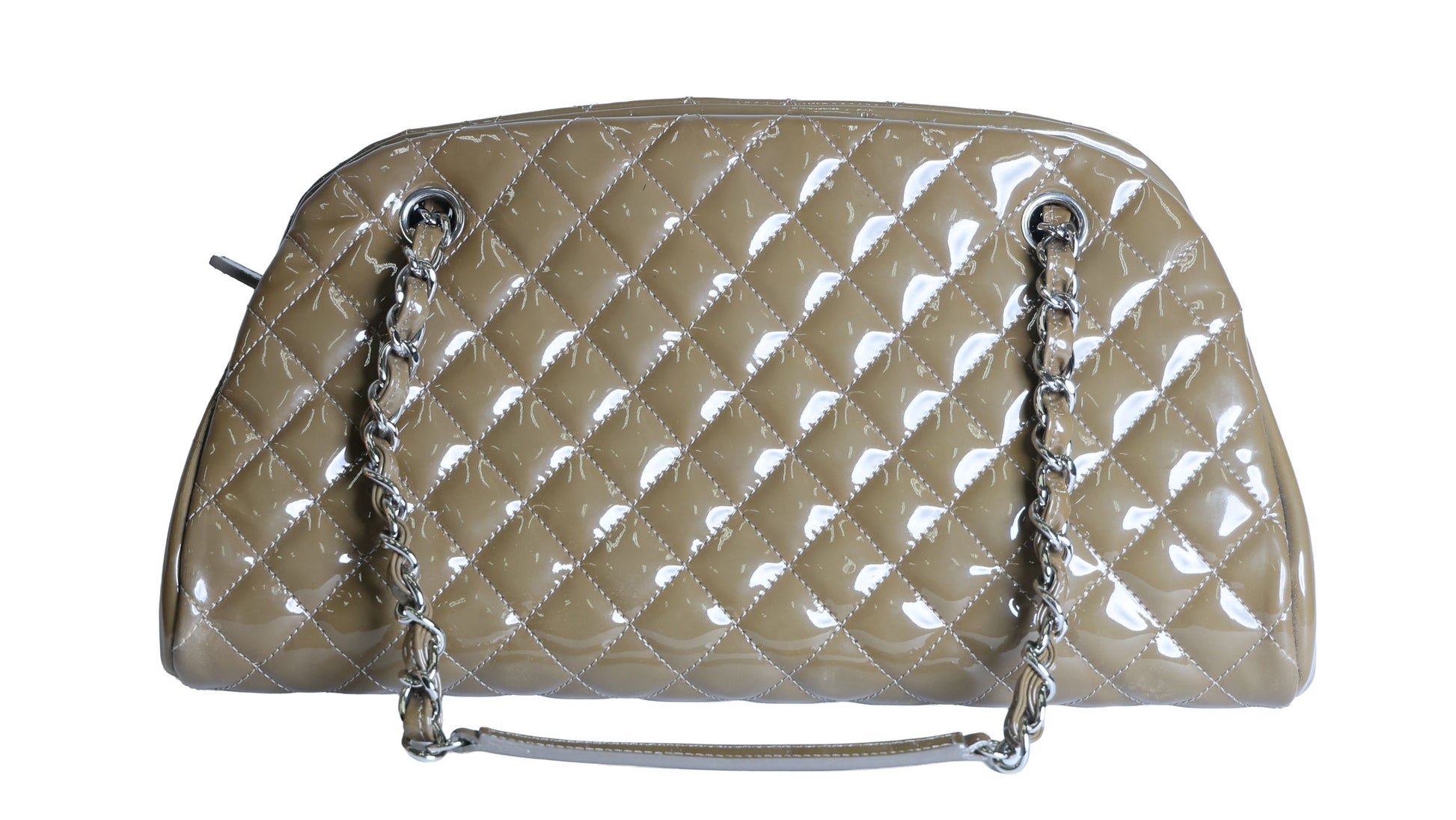 Preloved CHANEL Mademoiselle Patent Leather Chain Tote Khaki Brown 15XXXXXX | Luxe Again Maison