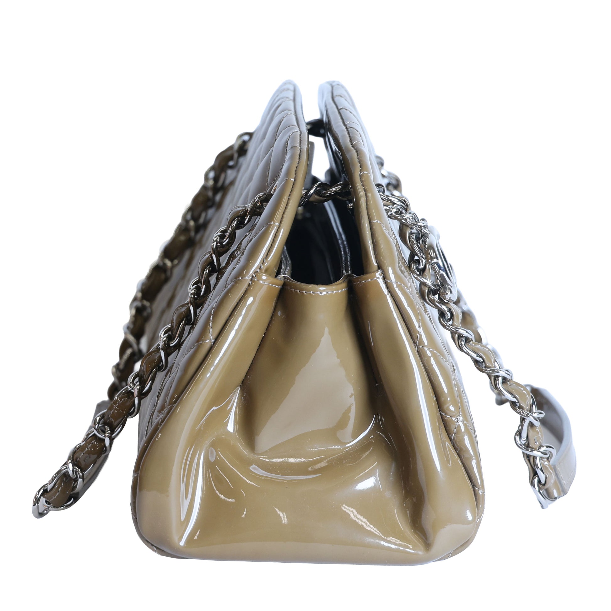 Preloved CHANEL Mademoiselle Patent Leather Chain Tote Khaki Brown 15XXXXXX | Luxe Again Maison