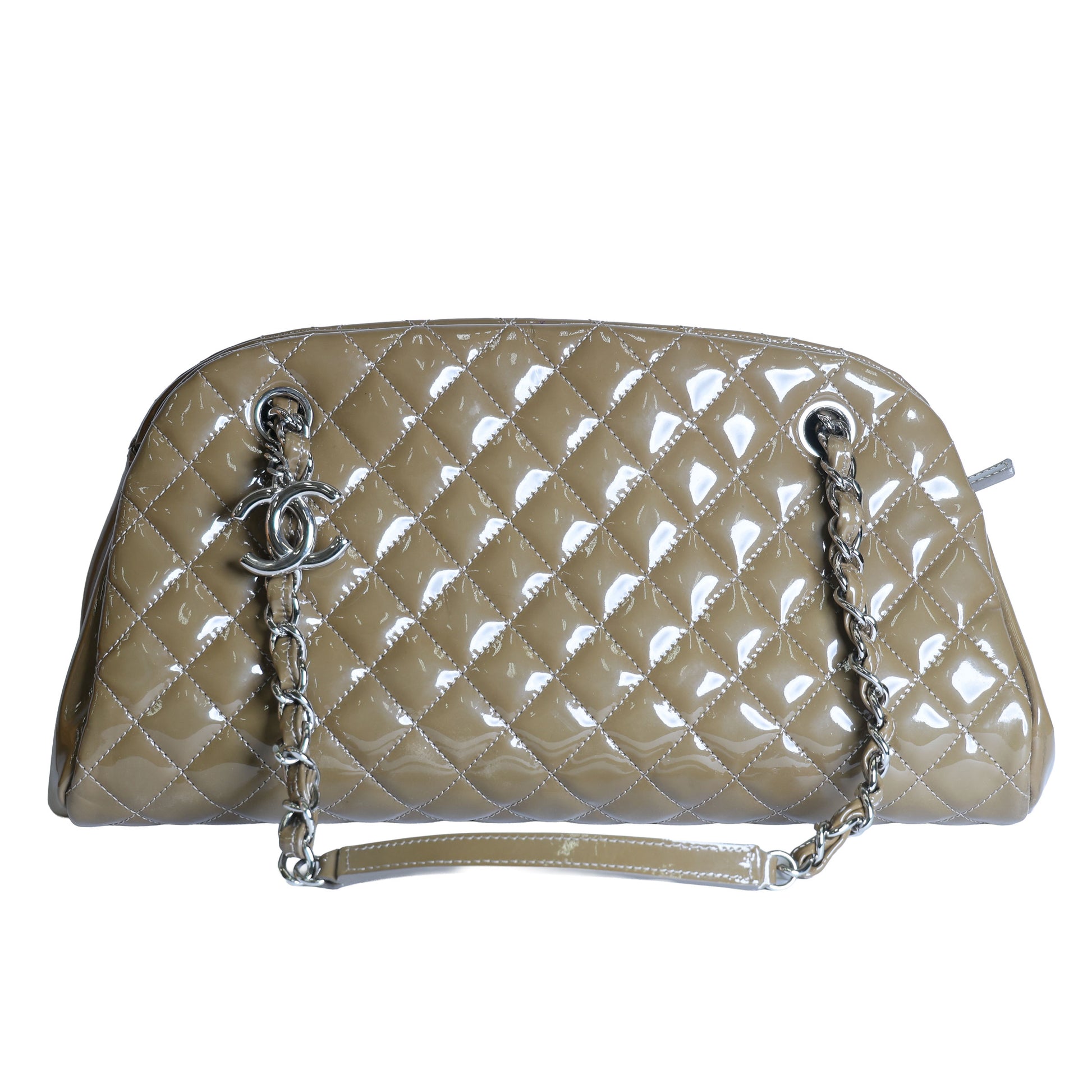 Preloved CHANEL Mademoiselle Patent Leather Chain Tote Khaki Brown 15XXXXXX | Luxe Again Maison