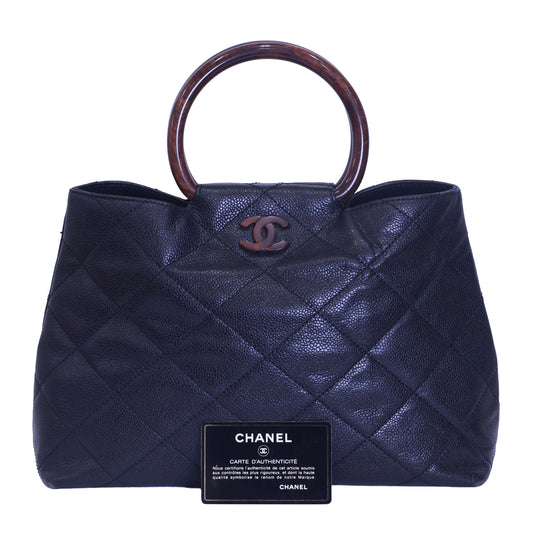 Preloved CHANEL Matelasse Caviar CC Mark Round Wood Handle Tote Black | Luxe Again Maison
