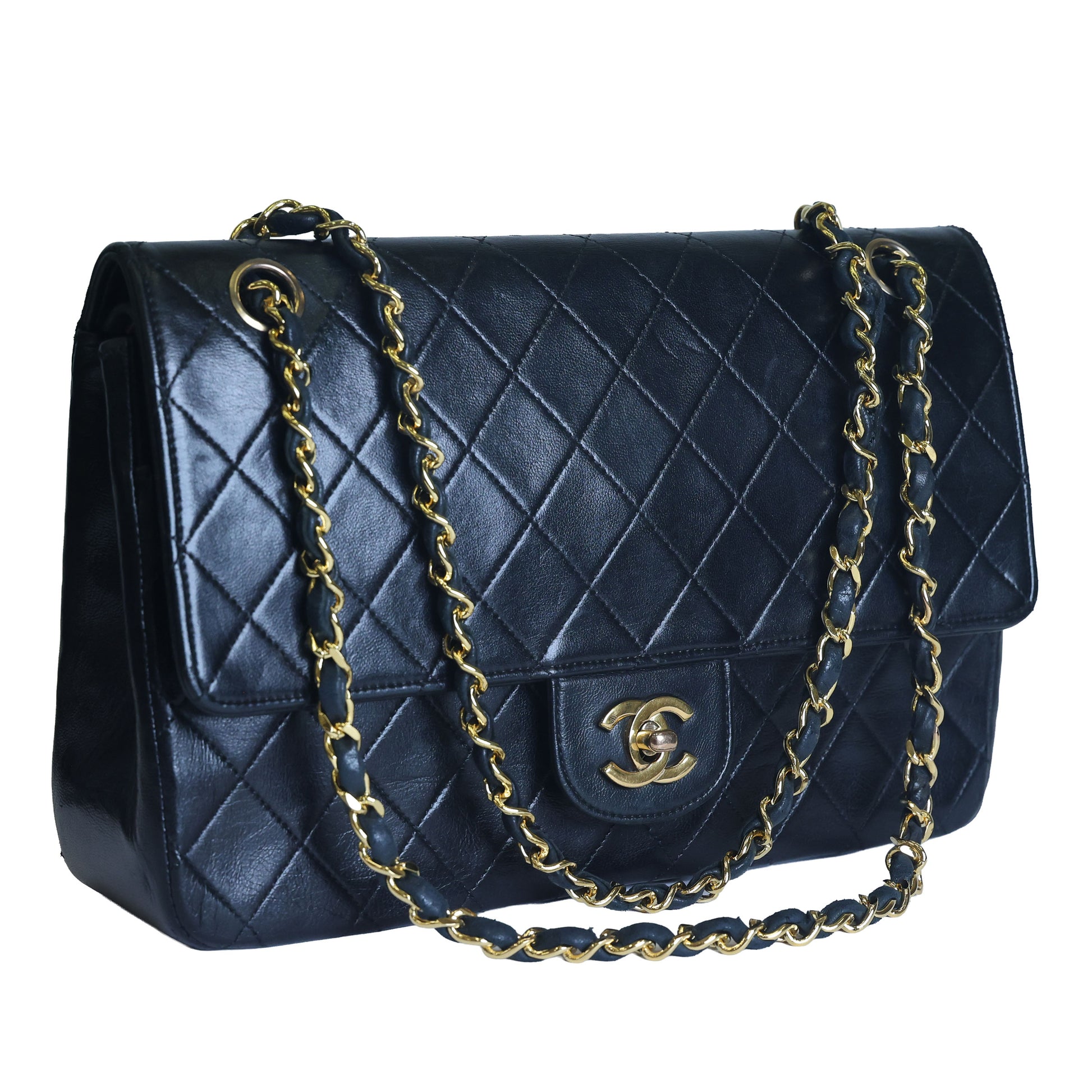 Preowned CHANEL Vintage Classic 11.12 (Medium Double Flap) Handbag A01112 Black Gold Hardware 0XXXXX2 | Luxe Again Maison