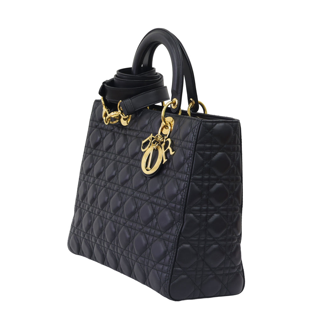 Preloved CHRISTIAN DIOR Lady Dior Cannage Leather Gold Hardware Black Large | Luxe Again Maison