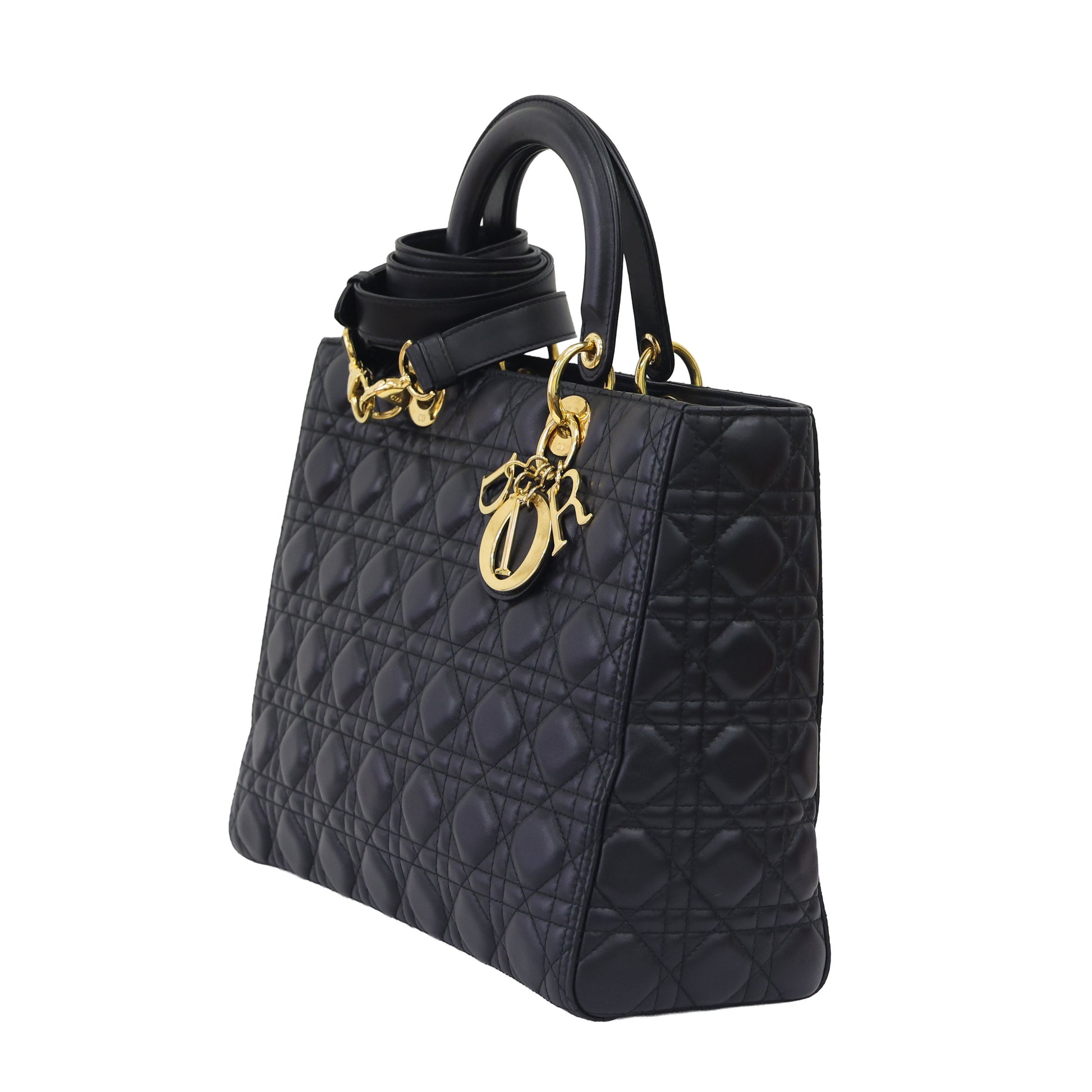 Preloved CHRISTIAN DIOR Lady Dior Cannage Leather Gold Hardware Black Large | Luxe Again Maison