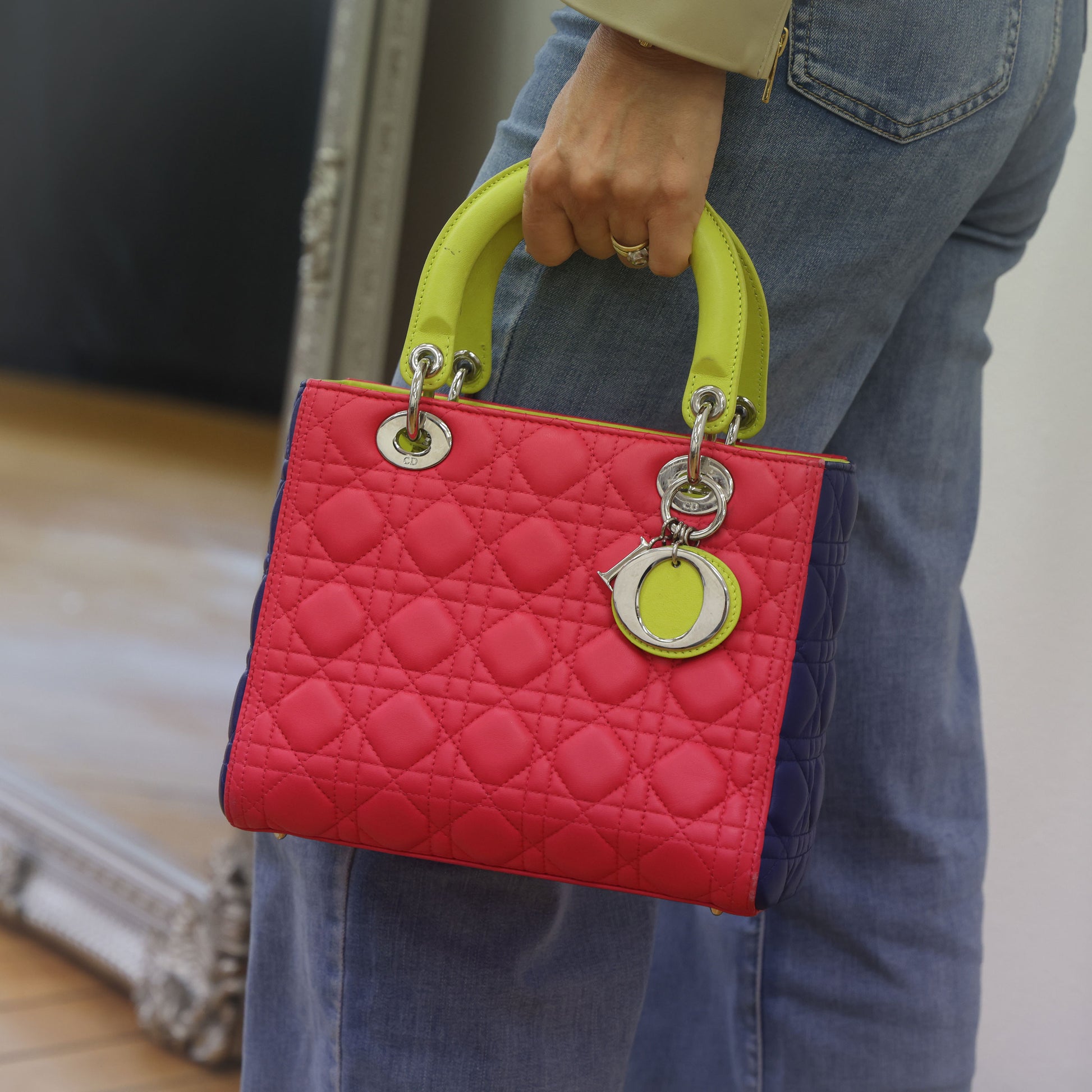 Preloved Christian Dior 2014 Lady Dior Tricolour Cannage Lambskin Medium Bag | Luxe Again Maison