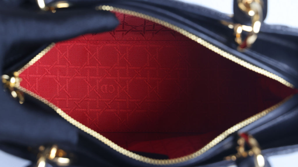 Preowned CHRISTIAN DIOR Lady Dior Cannage Leather Gold Hardware Black Medium | Luxe Again Maison