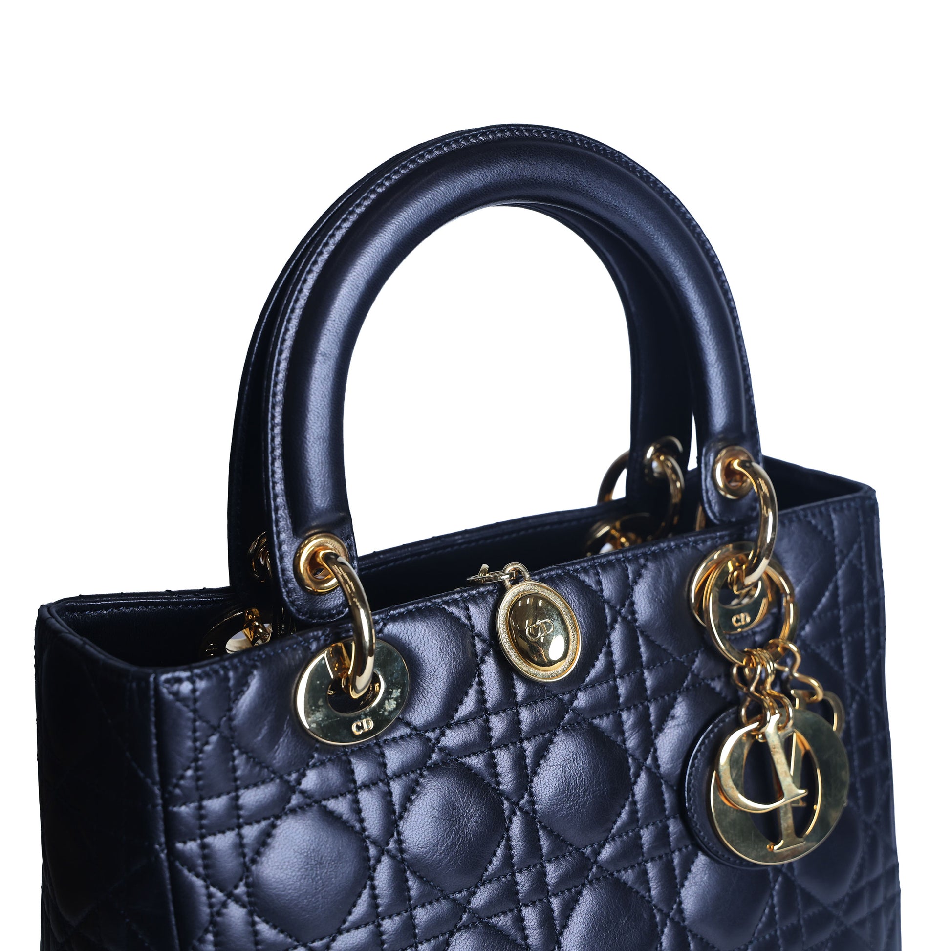 Preowned CHRISTIAN DIOR Lady Dior Cannage Leather Gold Hardware Black Medium | Luxe Again Maison