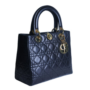Preowned CHRISTIAN DIOR Lady Dior Cannage Leather Gold Hardware Black Medium | Luxe Again Maison