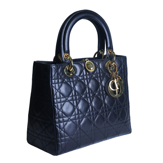 Preowned CHRISTIAN DIOR Lady Dior Cannage Leather Gold Hardware Black Medium | Luxe Again Maison