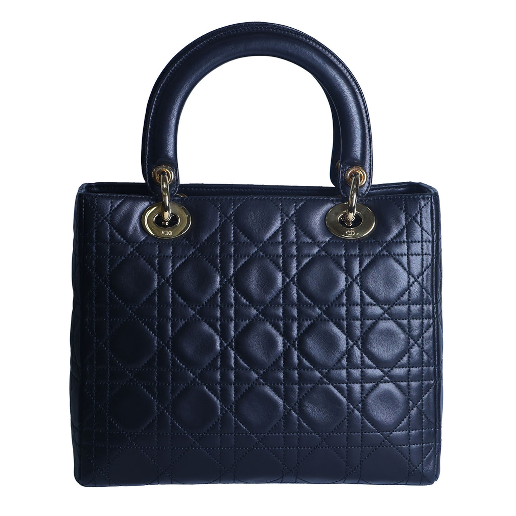 Preowned CHRISTIAN DIOR Lady Dior Cannage Leather Gold Hardware Black Medium | Luxe Again Maison