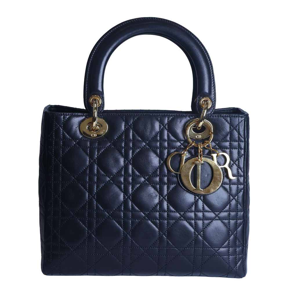 Preowned CHRISTIAN DIOR Lady Dior Cannage Leather Gold Hardware Black Medium | Luxe Again Maison