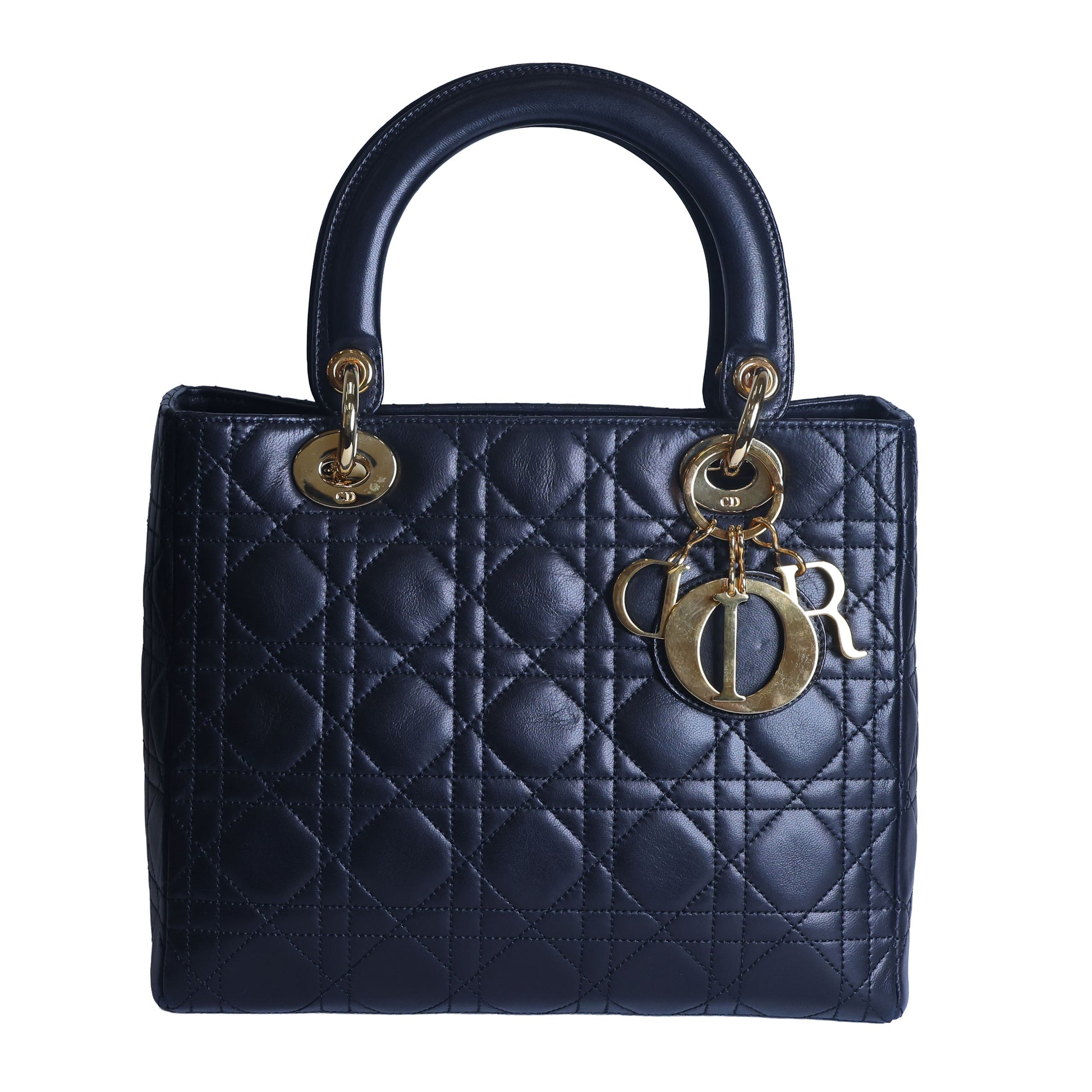 Preowned CHRISTIAN DIOR Lady Dior Cannage Leather Gold Hardware Black Medium | Luxe Again Maison