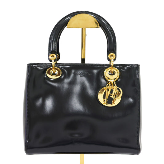 Preloved CHRISTIAN DIOR Lady Dior Patent Leather Black Medium Bag | Luxe Again Maison