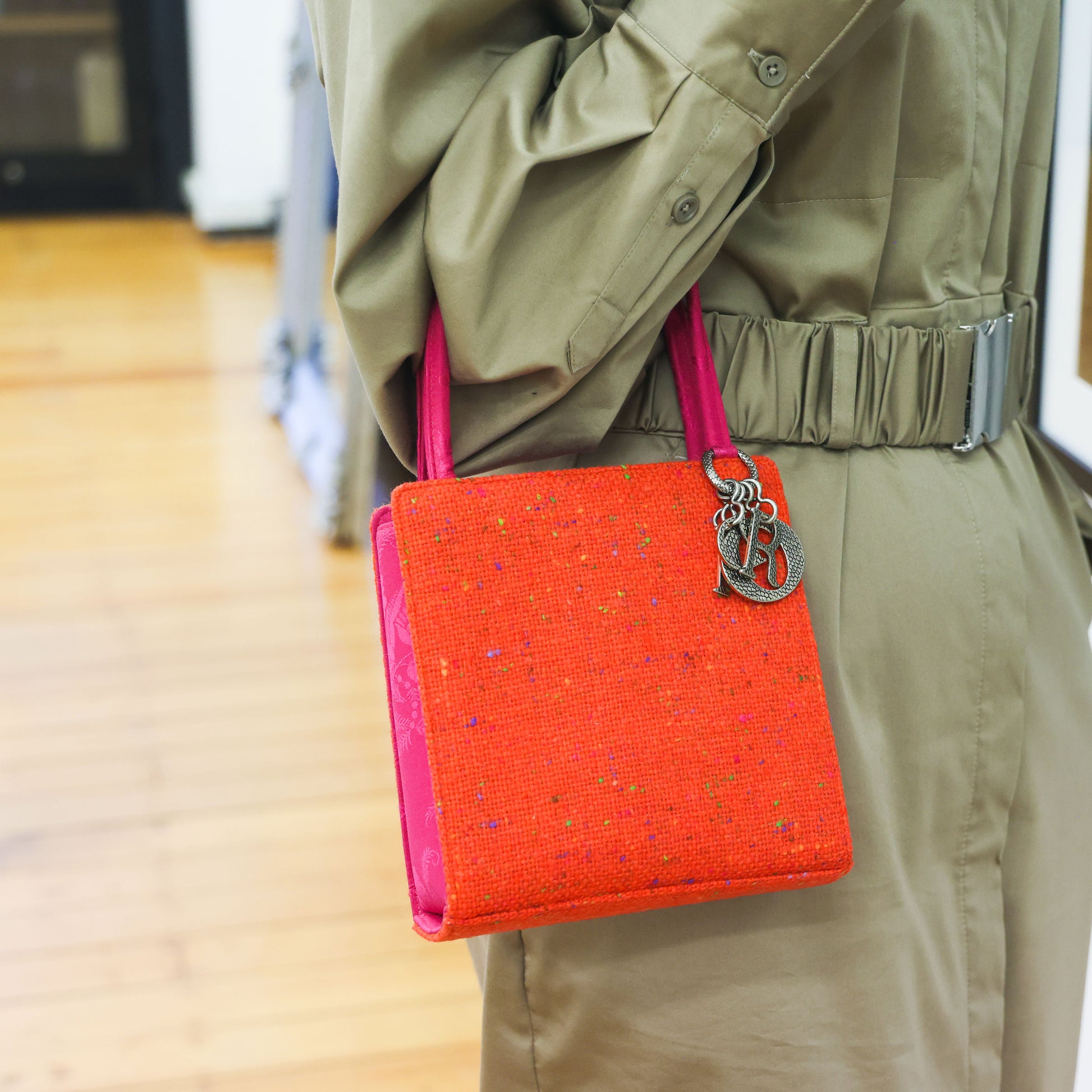 Preloved CHRISTIAN DIOR Lady Dior Tweed Satin Orange Pink Mini Bag | Luxe Again Maion