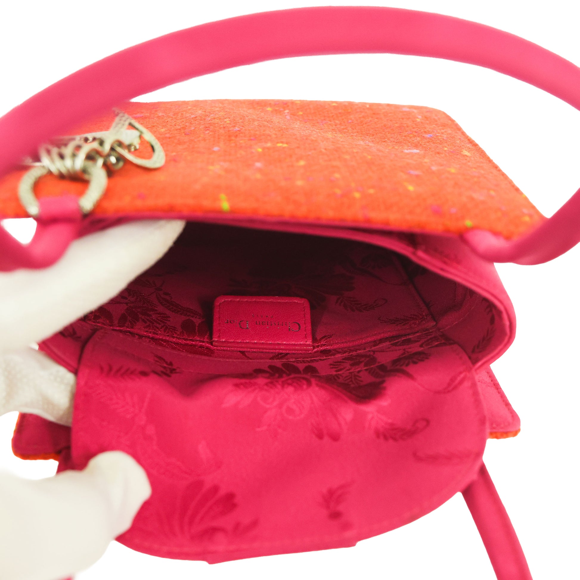 Preloved CHRISTIAN DIOR Lady Dior Tweed Satin Orange Pink Mini Bag | Luxe Again Maion