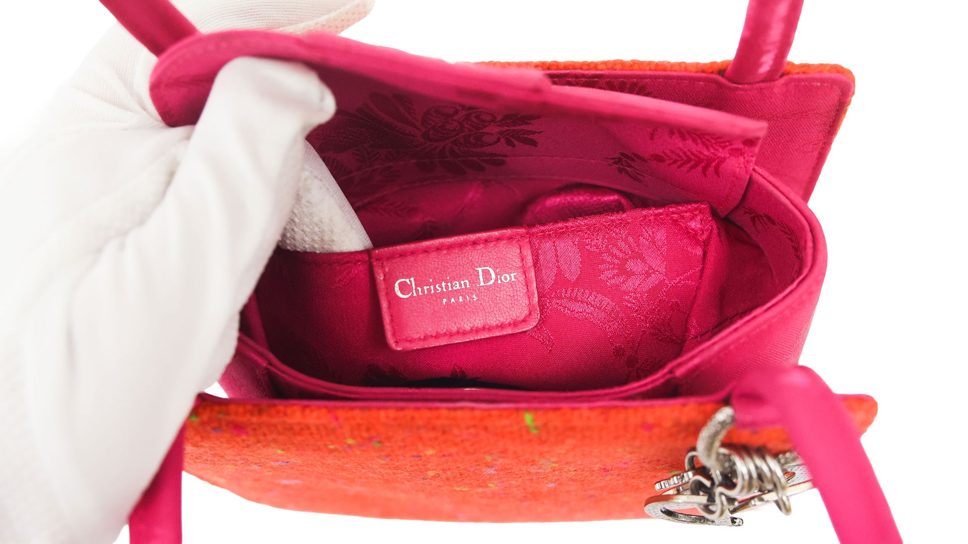 Preloved CHRISTIAN DIOR Lady Dior Tweed Satin Orange Pink Mini Bag | Luxe Again Maion
