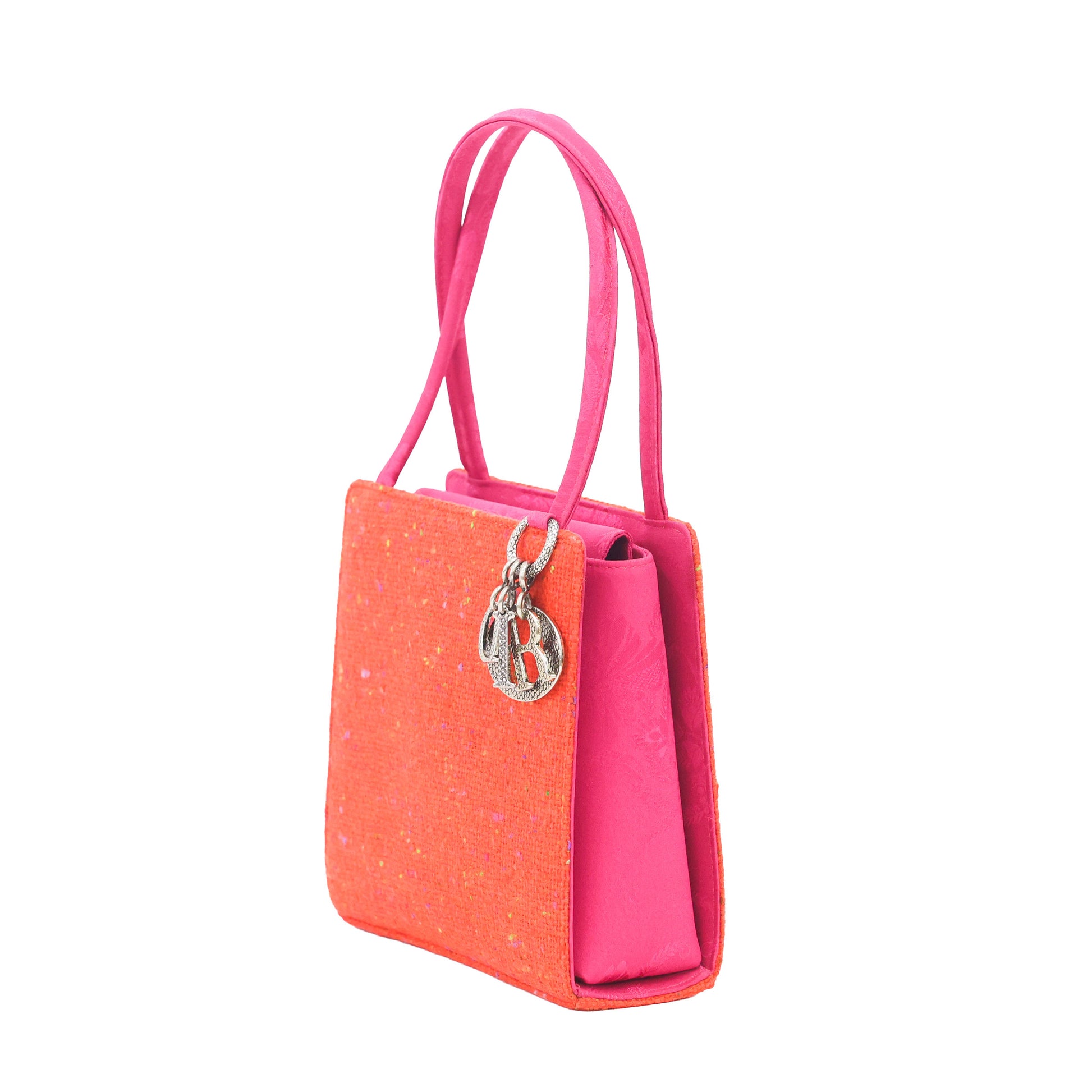 Preloved CHRISTIAN DIOR Lady Dior Tweed Satin Orange Pink Mini Bag | Luxe Again Maion