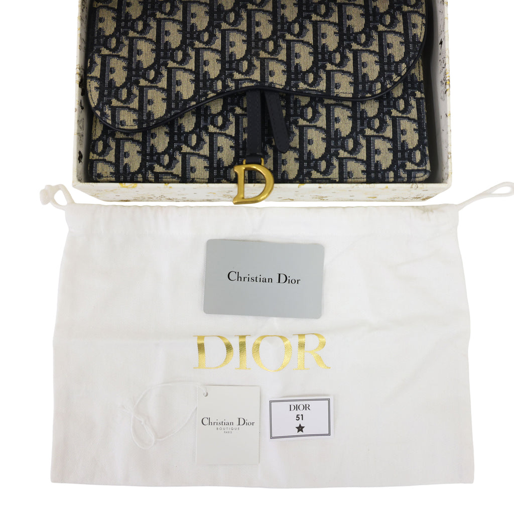Preloved CHRISTIAN DIOR Oblique Saddle Wallet on Chain Canvas x Leather Beige & Navy | Luxe Again Maison