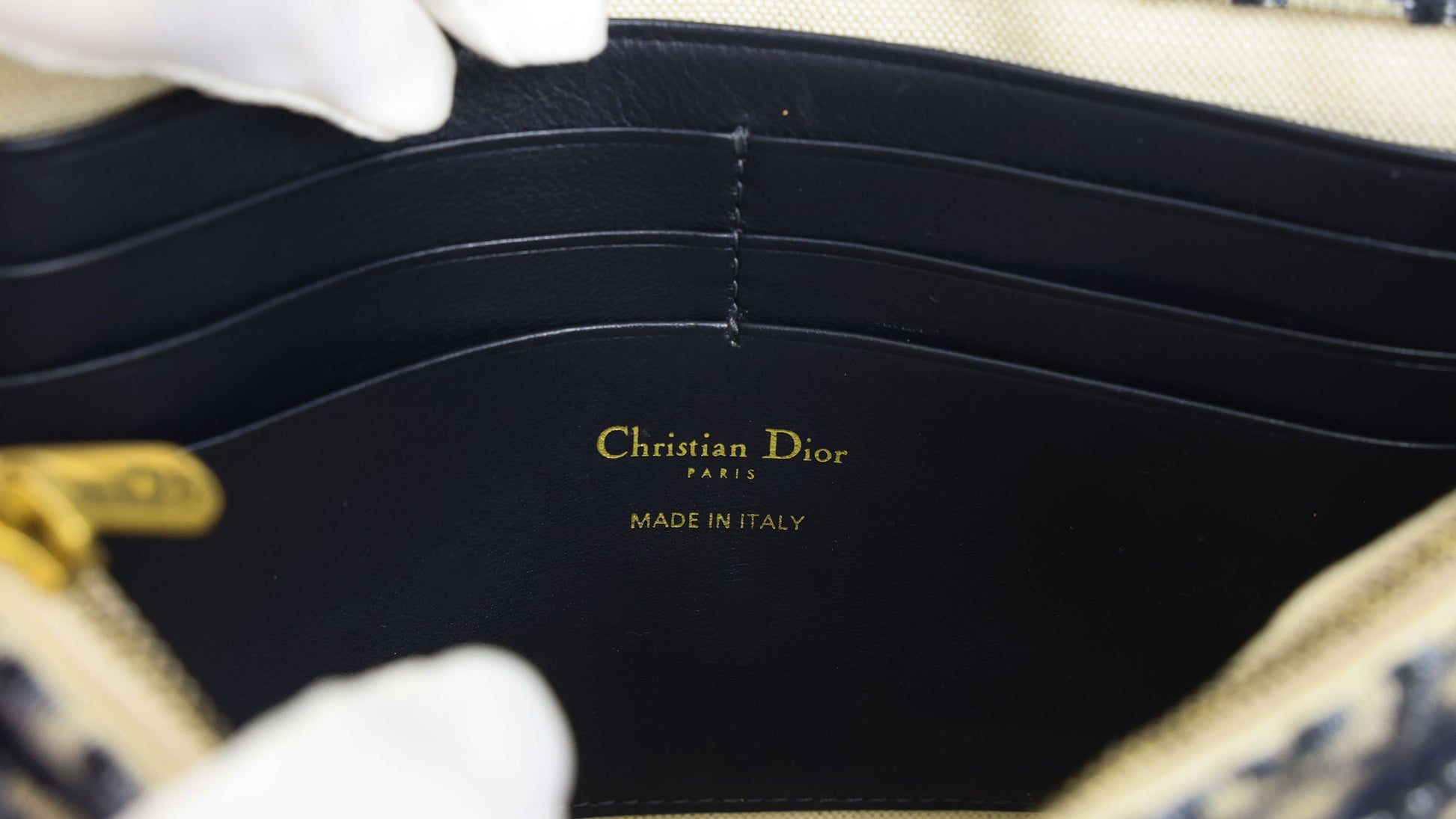 Preloved CHRISTIAN DIOR Oblique Saddle Wallet on Chain Canvas x Leather Beige & Navy | Luxe Again Maison