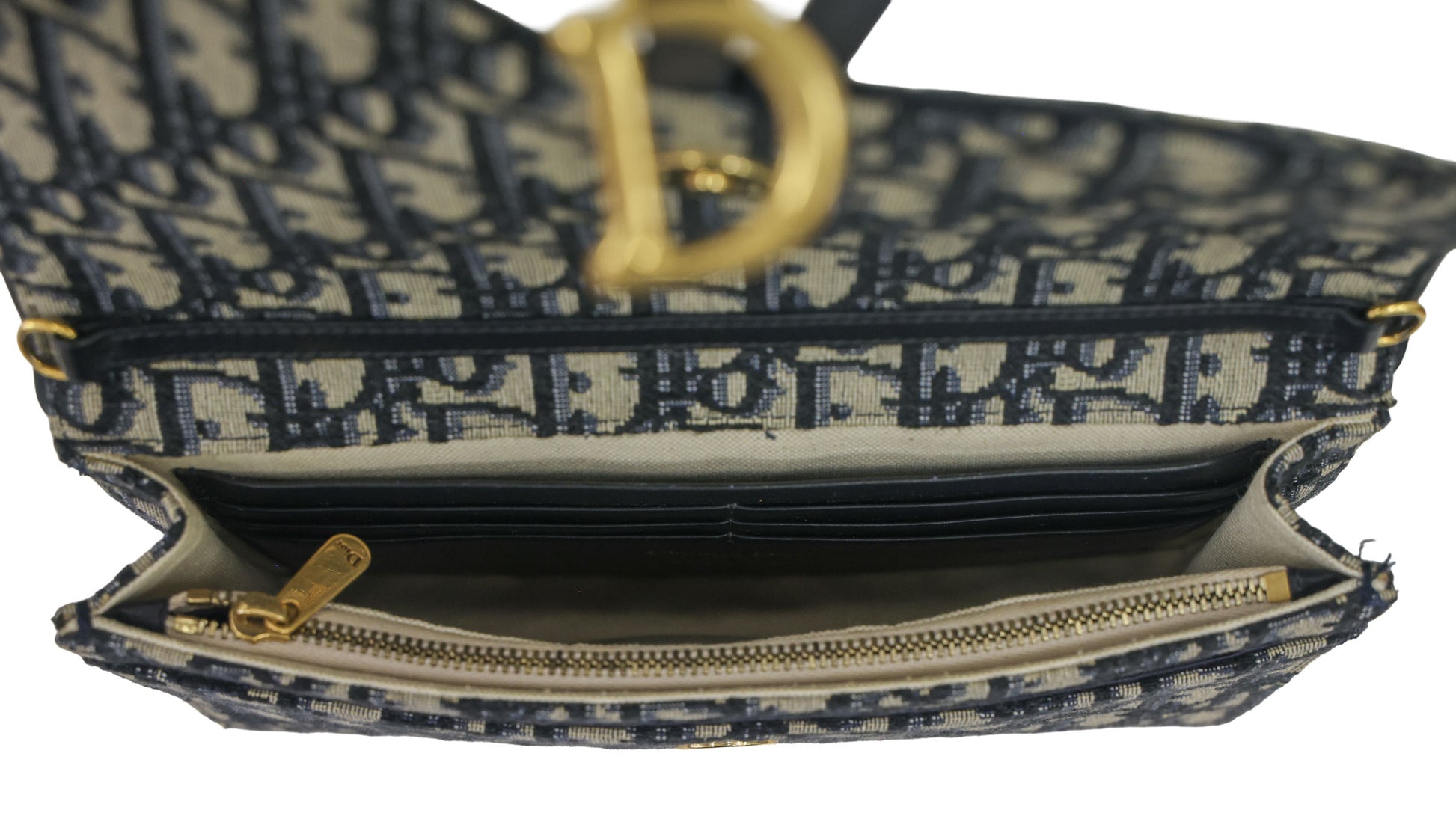 Preloved CHRISTIAN DIOR Oblique Saddle Wallet on Chain Canvas x Leather Beige & Navy | Luxe Again Maison