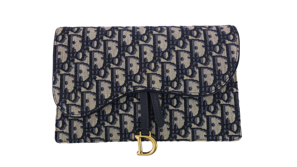 Preloved CHRISTIAN DIOR Oblique Saddle Wallet on Chain Canvas x Leather Beige & Navy | Luxe Again Maison