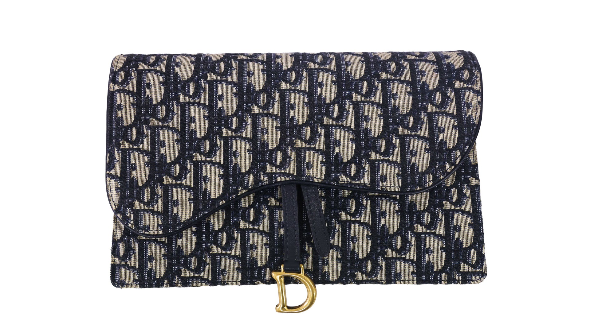 Preloved CHRISTIAN DIOR Oblique Saddle Wallet on Chain Canvas x Leather Beige & Navy | Luxe Again Maison
