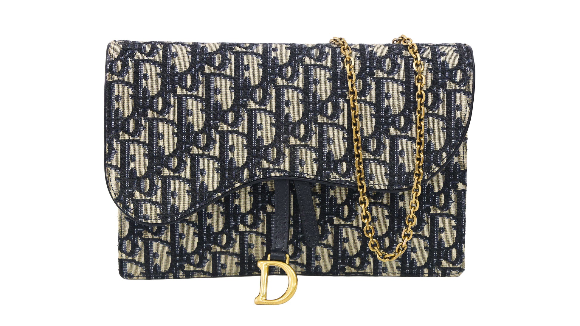 Preloved CHRISTIAN DIOR Oblique Saddle Wallet on Chain Canvas x Leather Beige & Navy | Luxe Again Maison