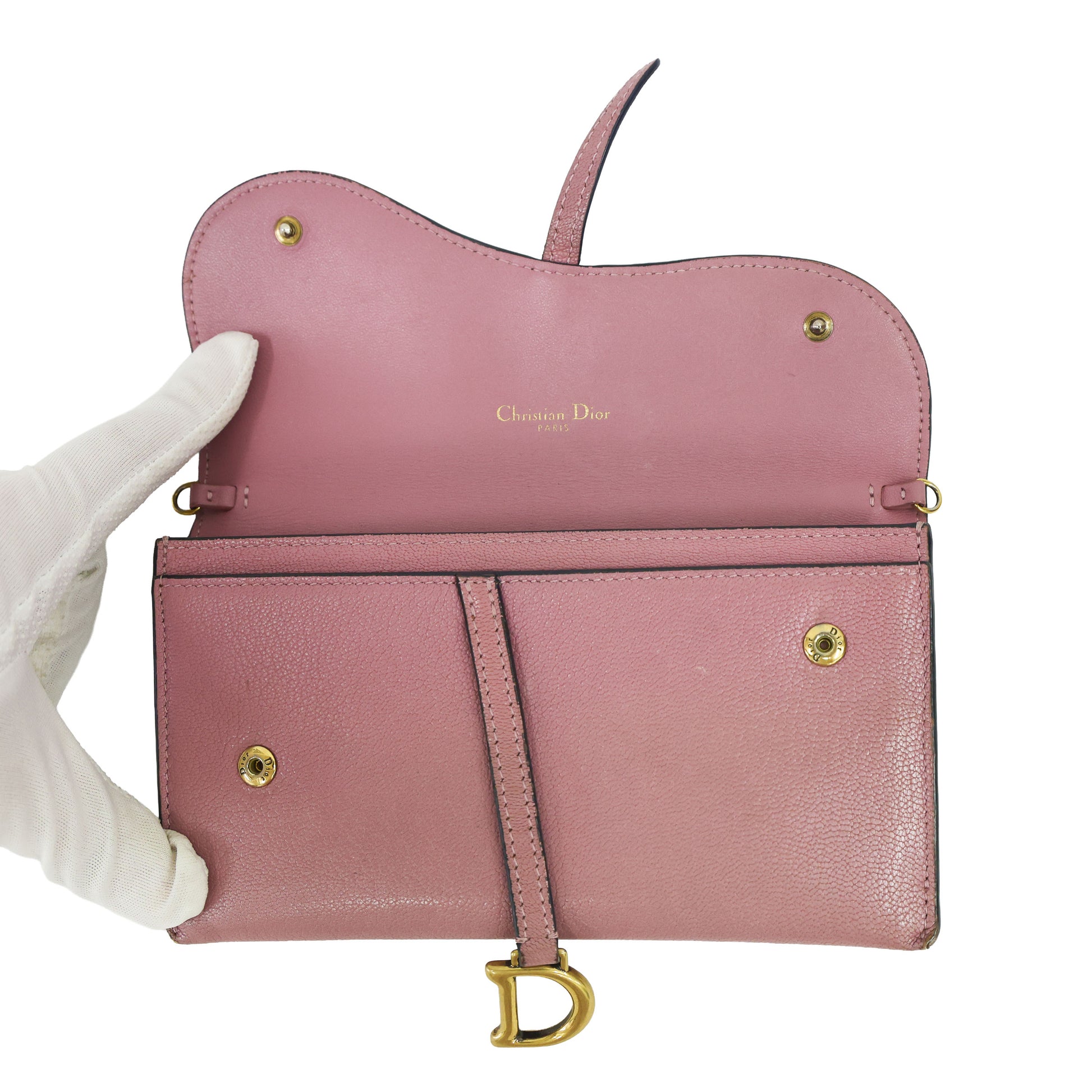 Preloved CHRISTIAN DIOR Saddle Long Leather Chain Wallet Pink | Luxe Again Maison