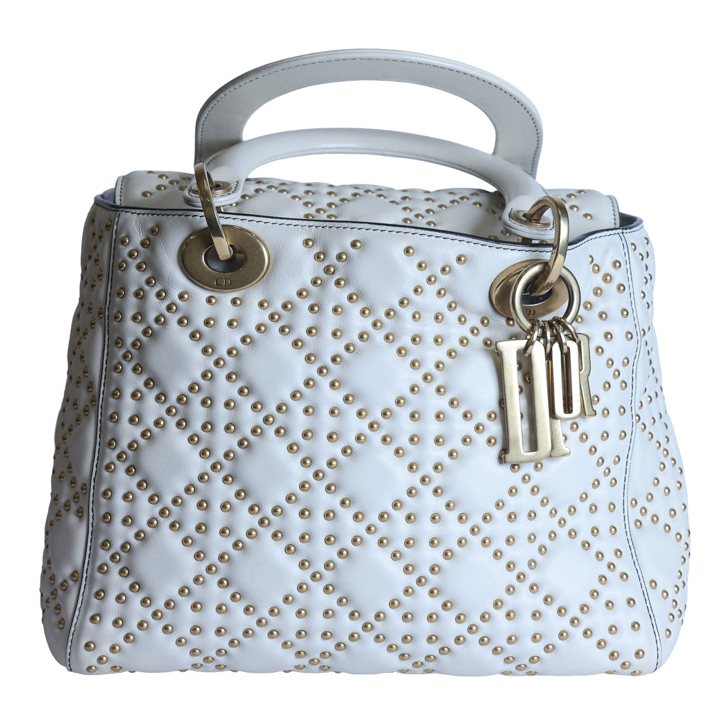 Preowned CHRISTIAN DIOR White Medium Lambskin Cannage Studded Supple Lady Dior | Luxe Again Maison