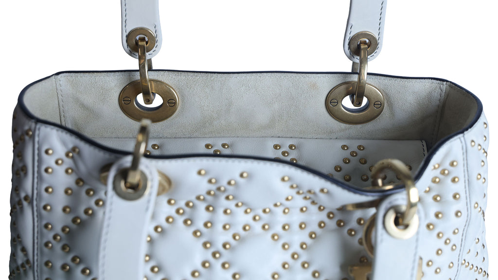 Preowned CHRISTIAN DIOR White Medium Lambskin Cannage Studded Supple Lady Dior | Luxe Again Maison